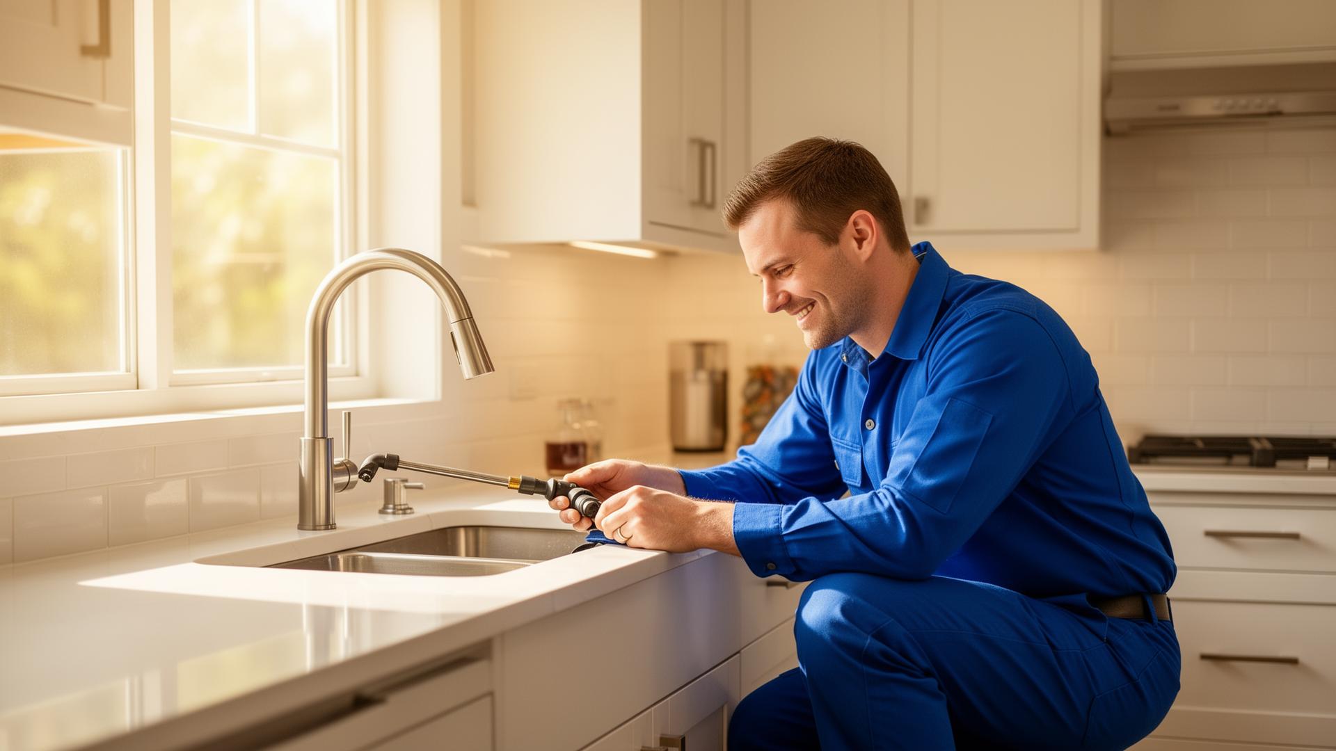Licensed plumber repairing a kitchen sink faucet